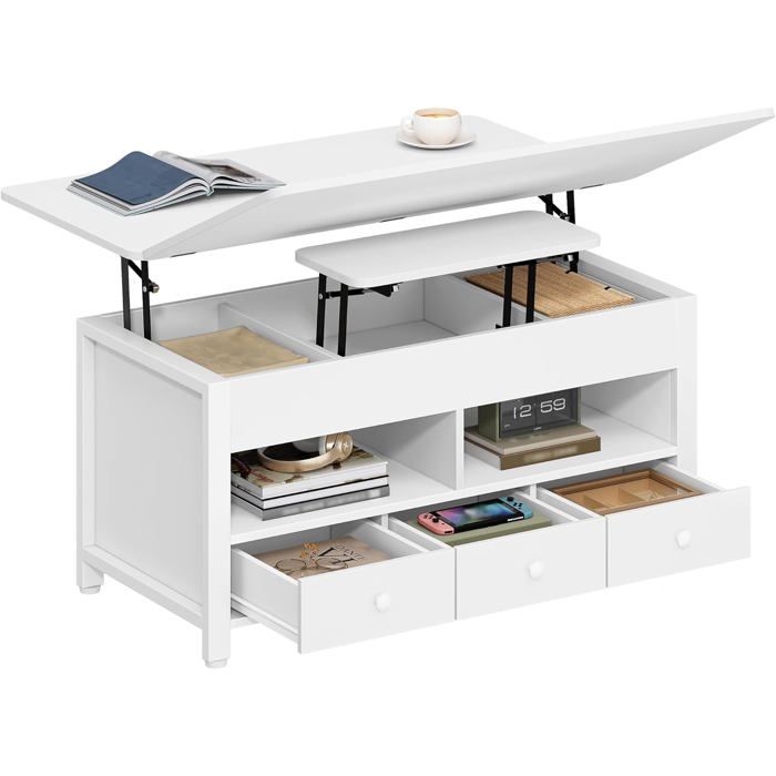 Table Basse Table de Salon Relevable avec 3 Tiroirs et Rangement et Compartiment Caché Convertible en Tables à Manger Blanc
