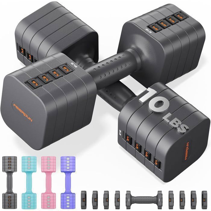 Haltères réglables FED FITNESS 5-en-1 – Lot de 2 × 45 kg – Réglage en 1 seconde – Double verrouillage – Entraînement à domicile