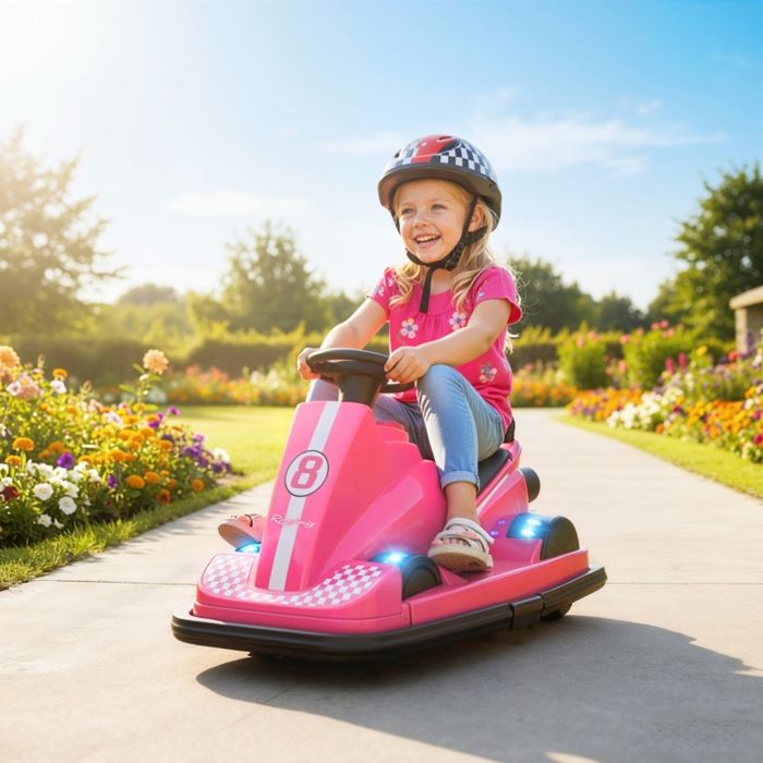 Autos tamponneuses pour enfants rotation à 360° volant lumières LED fonction musicale 3-8 ans rose