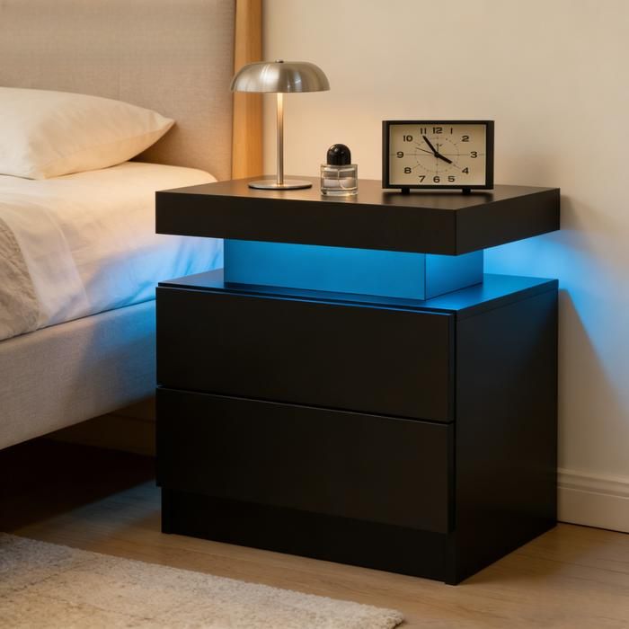 Table de chevet - BELLEMAVE - 2 Tiroirs LED Multicolore Réglable - pour chambre à coucher - noir