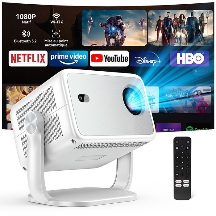 HUIDUN Vid&eacute;oprojecteur  PT10 1080p Full HD Google TV Wi-Fi 6 Autofocus 330 ANSI Blanc