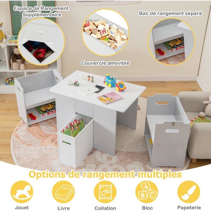 GIANTEX Table Enfant avec 2 Chaises 3 Ans+ Table dActivités 4 en 1 avec Banc de Rangement Boucle de Sécurité Charge 30kg