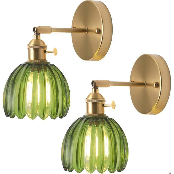 Lot de 2 Appliques Murales TOKIUS - Design Rétro - Abat-Jour en Verre Vert et Laiton - Éclairage Murale E27 Chambre Salon Couloir