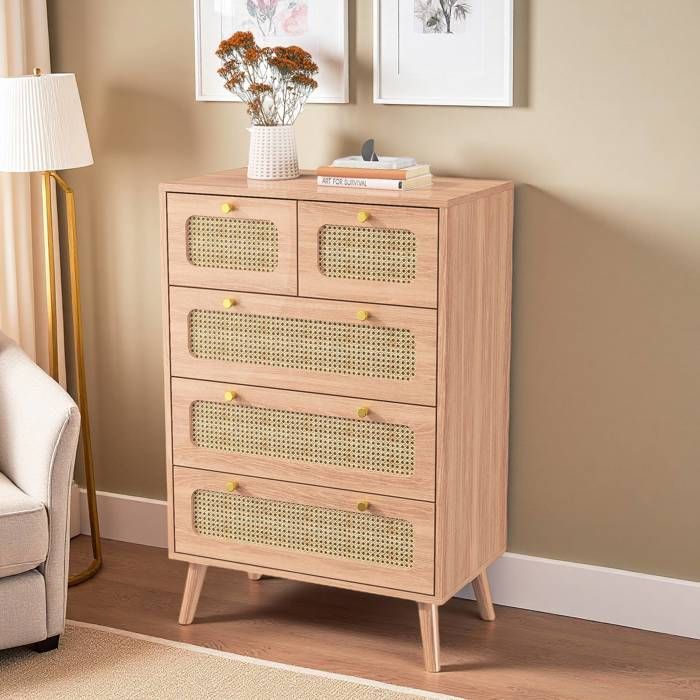 Commode à 5 Tiroirs Meuble de Rangement Chambre Bois Naturel Rotin Armoire de Rangement Style Scandinave Elégant 91x34x60cm