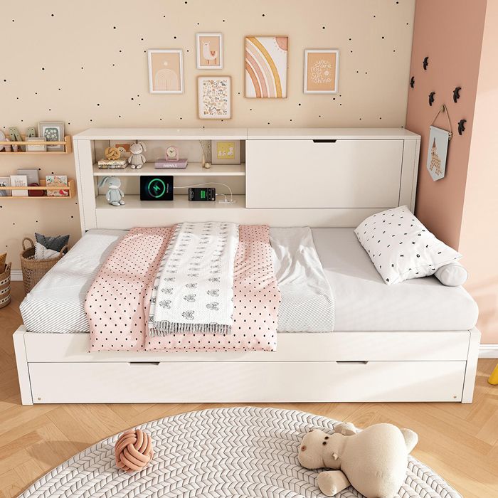 Structure de lit simple 90x200 avec lit gigogne Station de charge USB/Type-C Compartiment de rangement Sommier à lattes Blanc