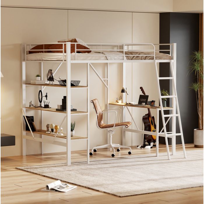 Lit mezzanine blanc 90×200 cm avec bureau et 3 étagères sommier inclus structure stable sans matelas