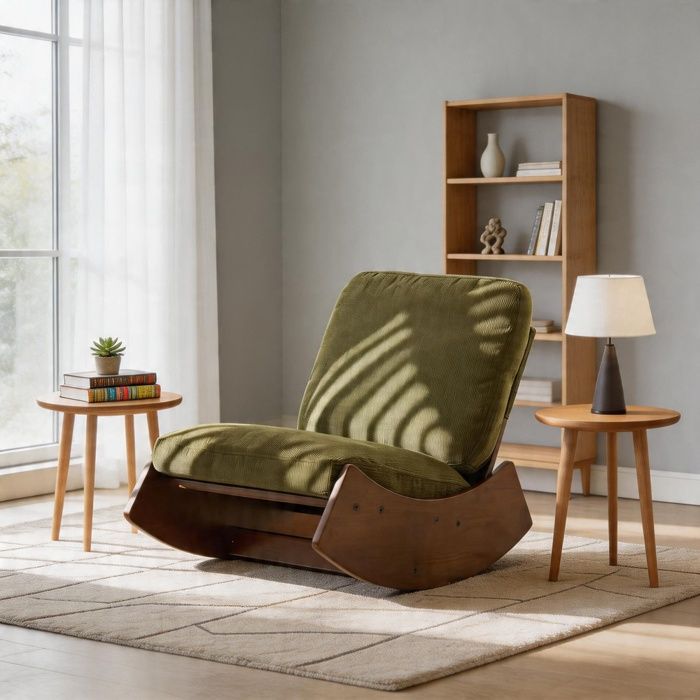 Fauteuil à bascule - Velours côtelé rétro - Bois massif - Rembourré - Vert