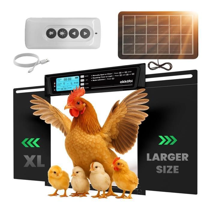 Porte poulailler automatique - XL - Panneau solaire intégré - Batterie 2000 mAh - Télécommande et minuterie