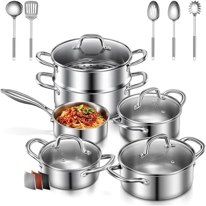 3 Plis Casserole Inox 15-Pièces Batterie de Cuisine pour Induction batterie casserole induction Non Revêtue A BATTERIE DE CUISINE