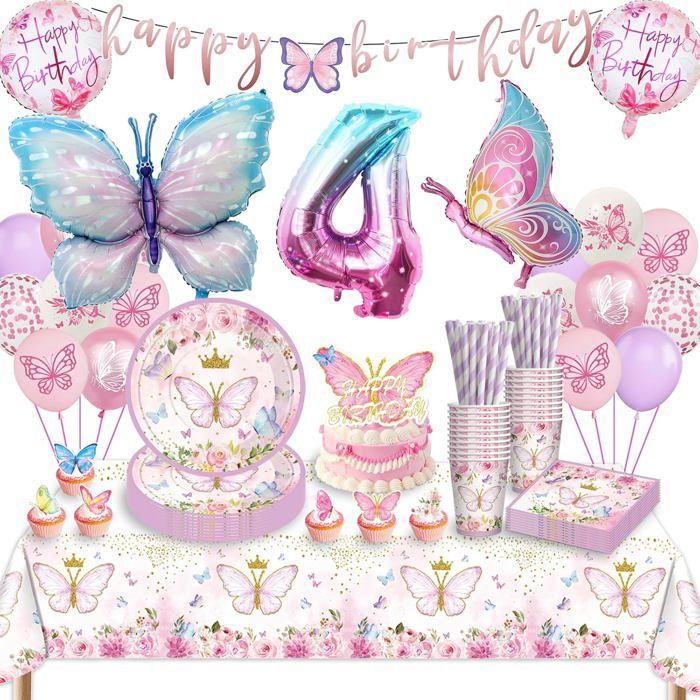 Kit déco anniversaire papillon pour fille 4 ans - Vaisselle fête: assiettes nappe ballons gobelets serviettes - Pour 16 invités