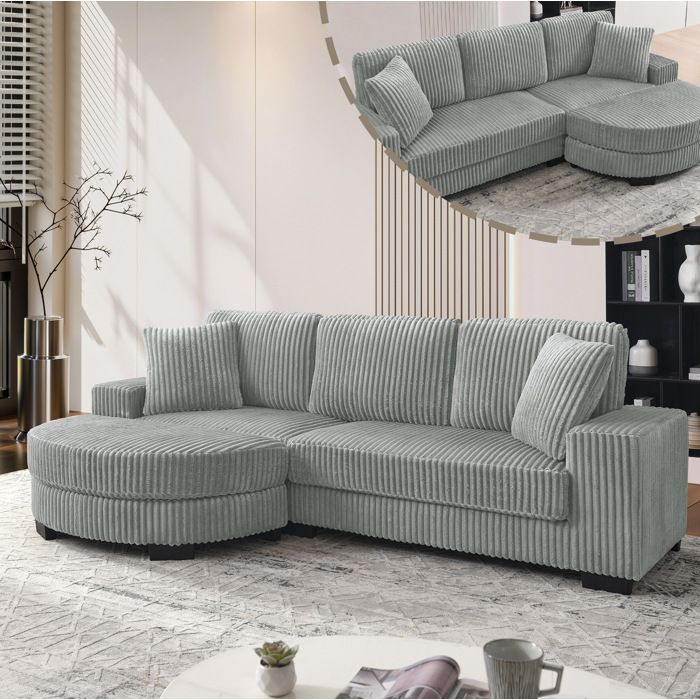 Canapé dangle en L 4 places velours côtelé 256 5 x 133 5 x 89 cm modulable pouf ovale 2 coussins inclus gris