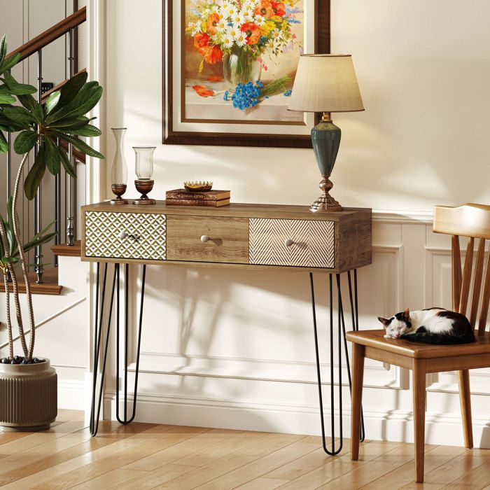 Console de canapé avec 3 tiroirs pieds en acier type épingle style bohème naturel