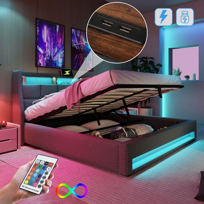 Bladez - Lit coffre 180x200 cm Lit capitonné 2 places avec LED USB rangement style vintage - Gris