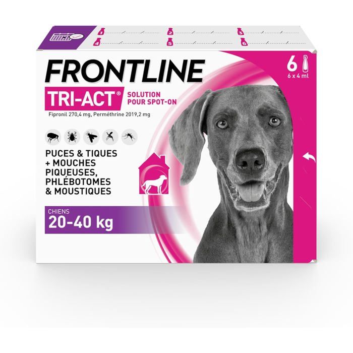 Tri-Act Chien - Anti Puces Tiques Moustiques Phlébotomes & Mouches - Traitement Radical En 6h - Pour Gros Chien De 20 à 40 kg
