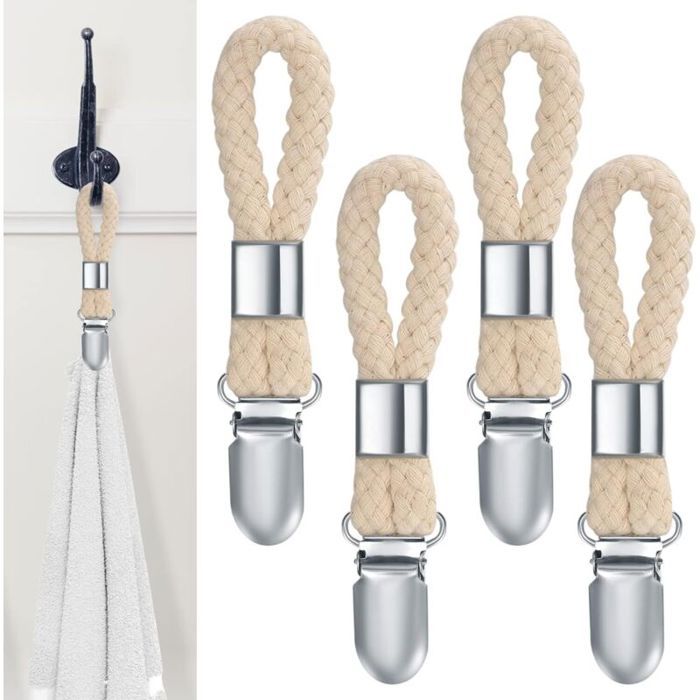 Lot de 4 pinces à serviette 11.5x2.3cm – Corde en coton et fer – Accroche torchon pour salle de bain et cuisine