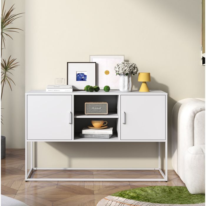 Buffet bas en métal blanc 120 x 40 x 75 cm avec 2 portes 6 compartiments et niche ouverte centrale