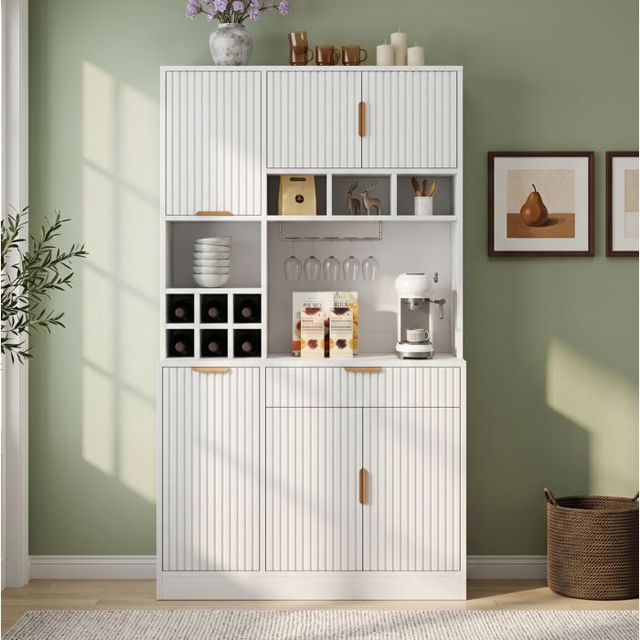 Buffet haut blanc 100 x 40 x 175 cm avec prises intégrées USB-A USB-C porte-verres et range-bouteilles