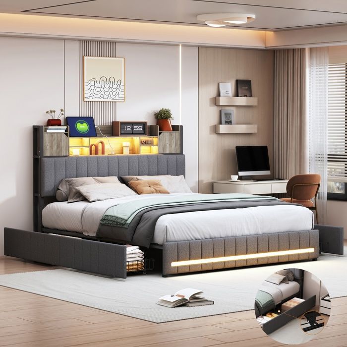 Lit 140x190 cm lit avec 2 tiroirs lit avec sommier LED RGB USB et Type-C tissu en lin gris