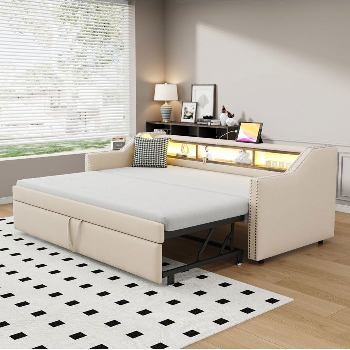 Canapé-lit extensible avec rangement LED prise USB et sommier à lattes - Beige 90/180 × 190 cm