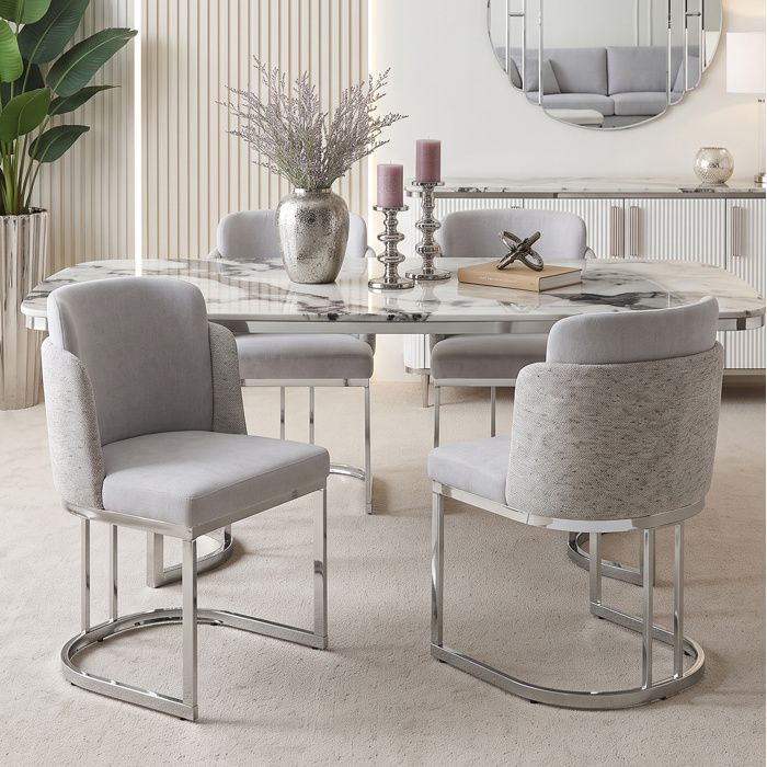 Modenuit Lot de 4 chaises de salle à manger en chenille gris et argent dossier double pieds en métal