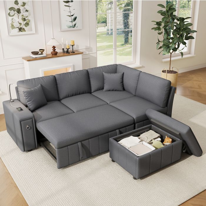 Canapé d’angle convertible AESVAR 5 places gris en tissu lin pouf de rangement lampe de lecture USB Type-C 2 coussins