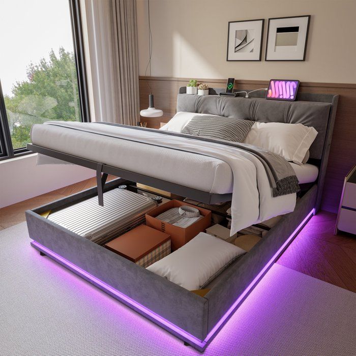 Lit 160x200 cm avec sommier à lattes lit coffre avec LED et USB/Type-C lit 2 personnes avec tête de lit rangement Velours Gris