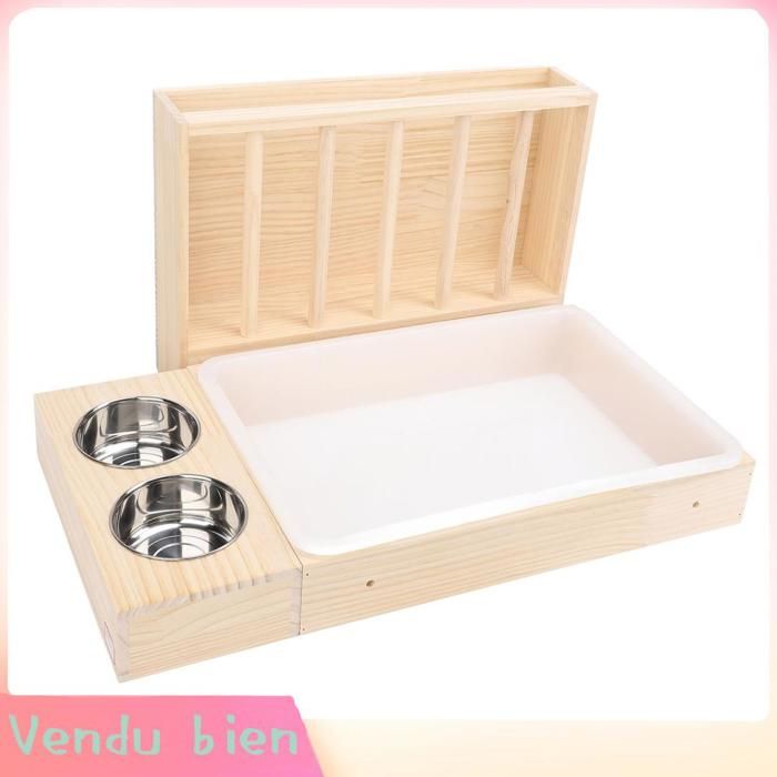 Distributeur Foin Bois Anti-Salissure avec Bac à Litière et 2 Gamelles Inox pour Lapin et Petits Animaux