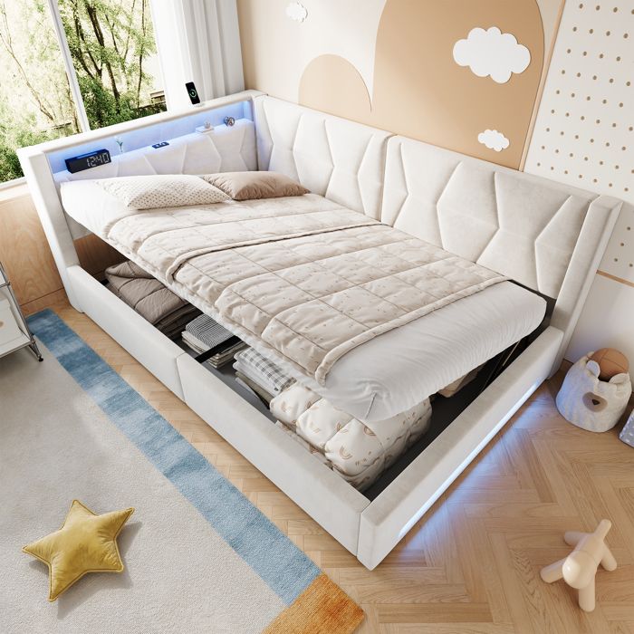 Canapé-lit rembourré 140x200 cm Lit Double avec LED USB-C et Rangement Hydraulique Lit Coffre avec Sommier à lattes Velours Beige