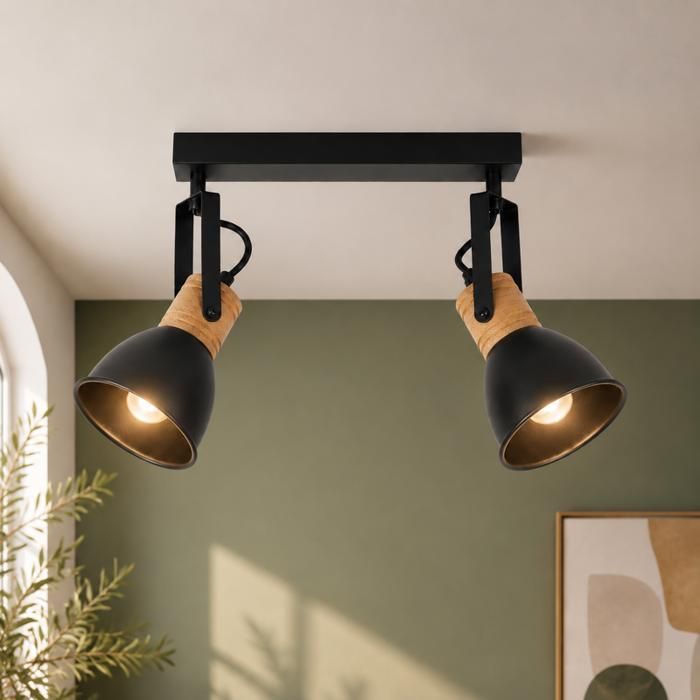 HOMEFIRE - Spot plafond E14 vintage 2 spots orientables bois et métal noir lampe industrielle pour salon cuisine chambre