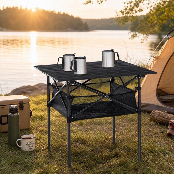 Table de jardin pliante - ZEVKOR - 70×70×69 cm - Carrée - Plateau aluminium enroulable - Filet de rangement