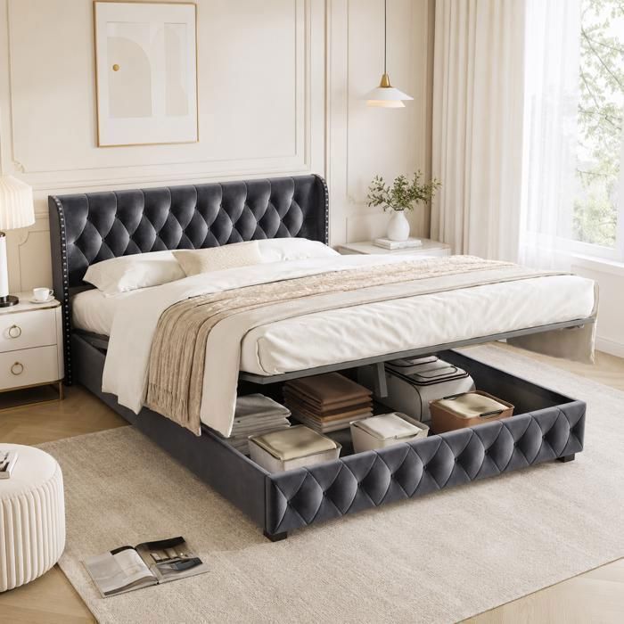 Lit 140x190 lit coffre 140x190 avec sommier lit 2 personnes lit adulte lit capitonné grand lit velours gris