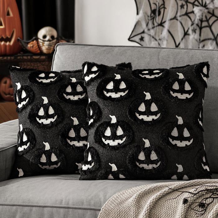 Housse de coussin décorative sur le thème dHalloween de lautomne et de Thanksgiving – Motif fantôme noir (18 x 18 pouces)