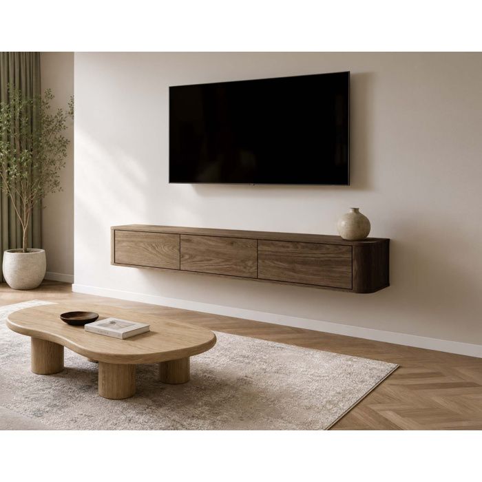 Mona - meuble tv suspendu 200 cm - 3 portes - Effet noyer Mona - meuble tv suspendu 200 cm - 3 portes - Effet noyer
