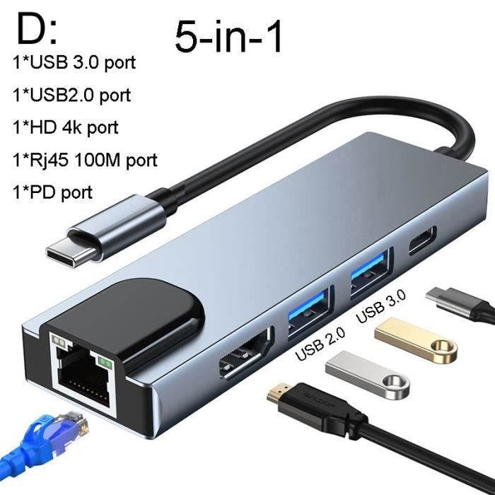 Modèle D Gris - Mobile USB C Hub vers HDMI compatible Rj45 VGA ...