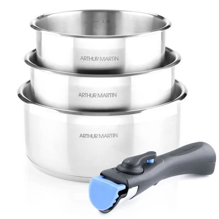 Set de 3 casseroles 16-18-20 cm Arthur Martin AM3710 - Acier Inoxydable - Poignée amovible - Tous fe