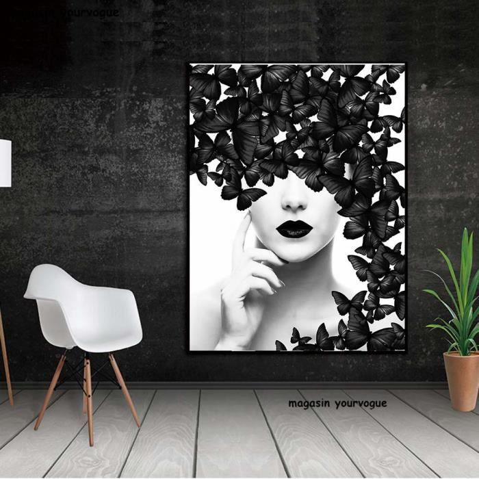 Nordic Poster Noir Blanc Papillon Femme Mur Art Impressions Sur Toile