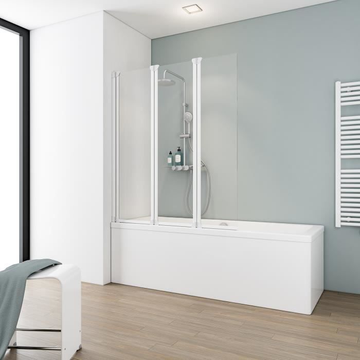 Pare baignoire rabattable avec 3 volets 124 x 130 cm verre transparent 5 mm profilé blanc Schulte