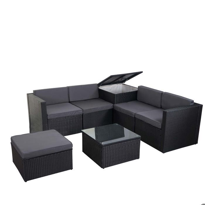 Salon de jardin fauteuil table coffre pouf en poly rotin pour balcon jardin anthracite coussin gris fonce 04_0003049