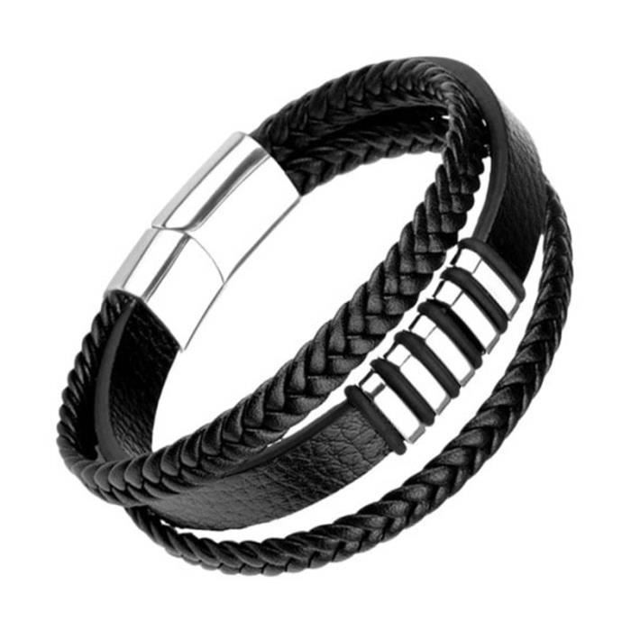 Bracelet - Homme - Cuir noir - Triple liens - Fermoir aimanté