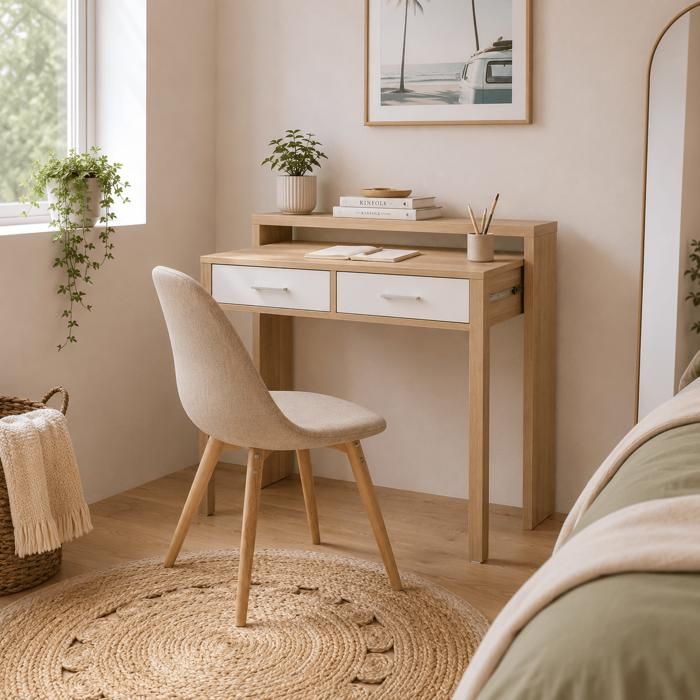 Bureau extensible STUDIO blanc et effet chêne 2 tiroirs - Bois