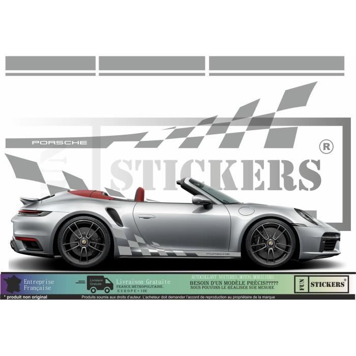 Porsche Bandes Intégrales latérales + capot + toit + hayon - GRIS ALU - Kit Complet - Tuning Sticker Autocollant Graphic Decals