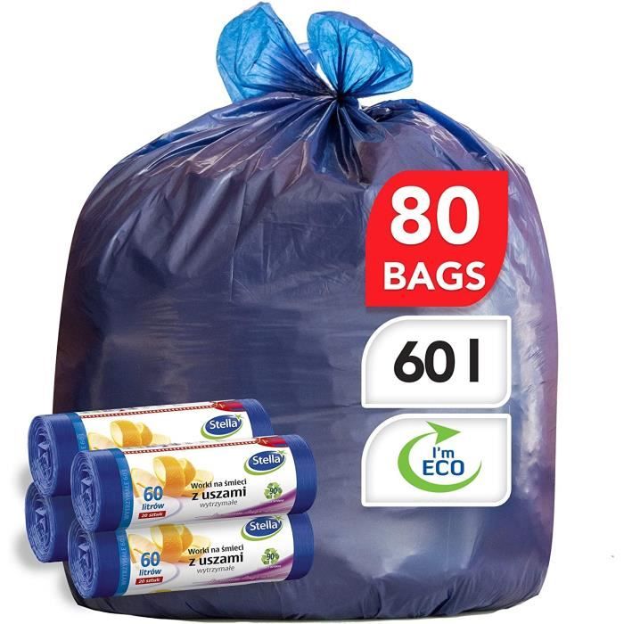 Sacs Poubelle Stella 120L 20 Pièces - Ultra Résistants Avec Cordon, Écologiques 100% Plastique Recyclé, Anti-Odeurs Pour Usage Industriel Et Maison - Noir