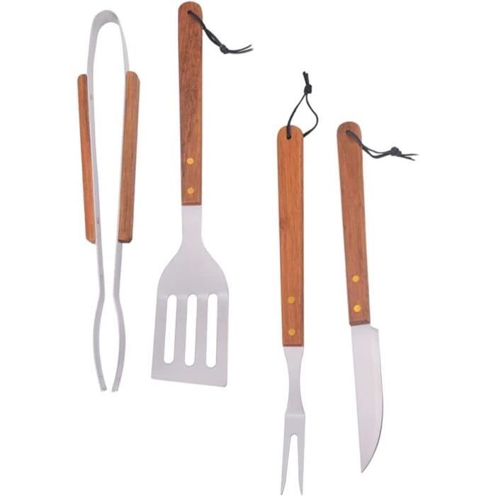 Set Ustensiles Barbecue 3 Pièces - Pince, Fourchette, Spatule En Acier Inox Avec Poignées Bois