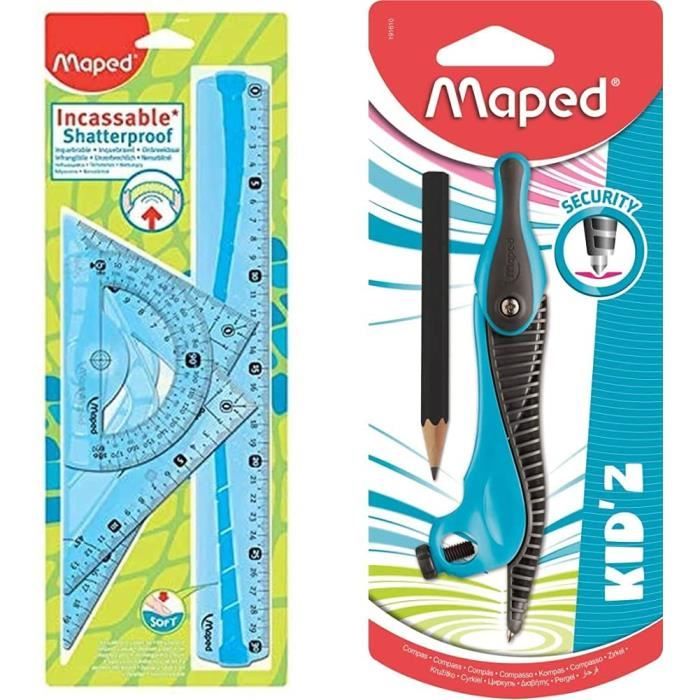 Kit Géométrie Maped Study Incassable - 4 Pièces : Règle 30cm, 2 Équerres, Rapporteur | Scolaire
