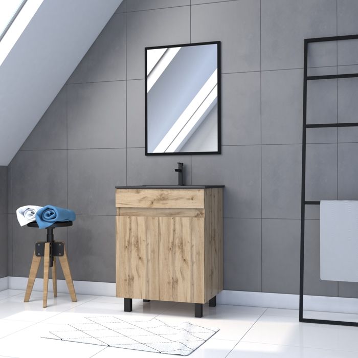 Meuble salle de bain 60 x 80cm - Finition chene naturel - vasque noire - TIMBER 60