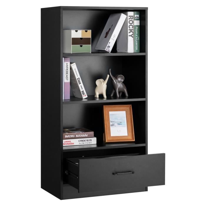 costway bibliothèque à 4 niveaux - 60 x 38 x 120 cm - tiroir - dispositif anti-basculement - meuble/étagère de rangement - noir
