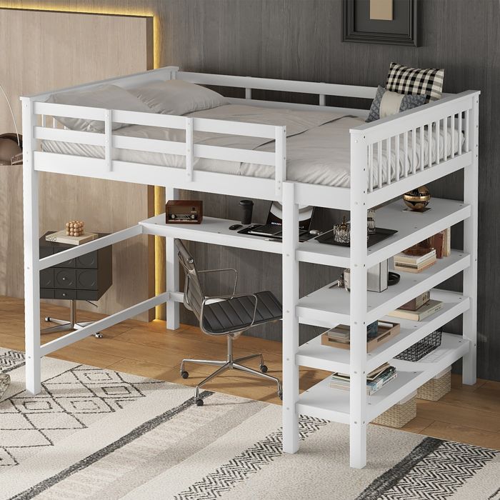 Dripex Lit surélevé 140 x 200cm avec étagères de rangement et bureau sous le litBureau-lit pour les enfants et étudiantsBlanc