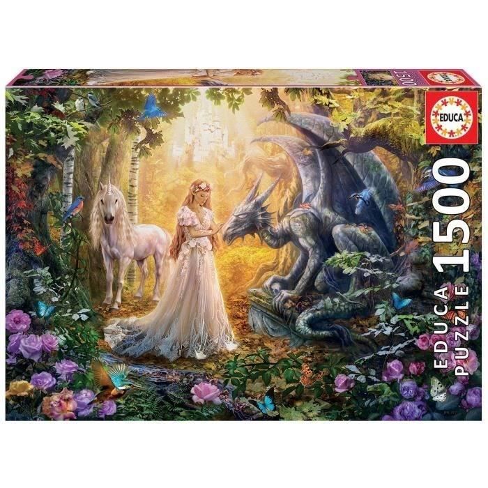 EDUCA Puzzle 1500 Dragon, Princesse Et Licorne