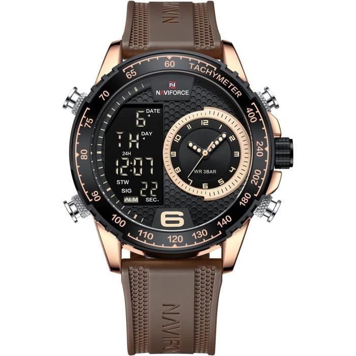 Montre Militaire Homme Numérique Et Analogique - Étanche 30m, Boîtier 46mm, Cuir Vert