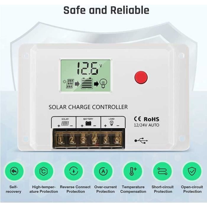 Contrôleur De Charge Solaire PWM 30A - 12V/24V Auto - Écran LCD - 2 Ports USB - Pour Maison Et Usage Commercial